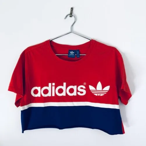 Adidas Trefoil cropped T-shirt front view red and navy colour block