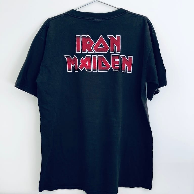 Back of Iron Maiden tee with red logo print