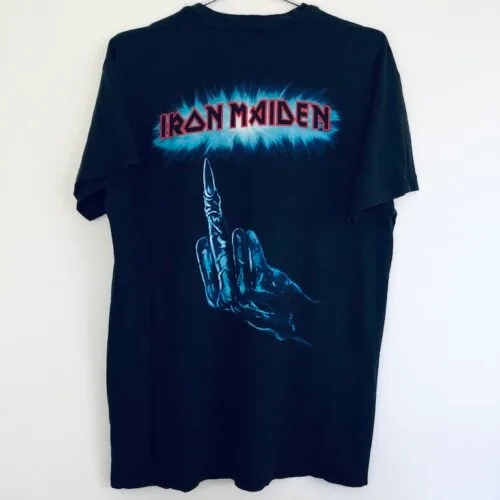 Back of Iron Maiden shirt with skeletal hand and red logo