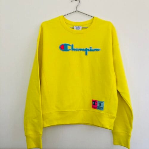 Champion Reverse Weave sweatshirt neon yellow chenille logo streetwear