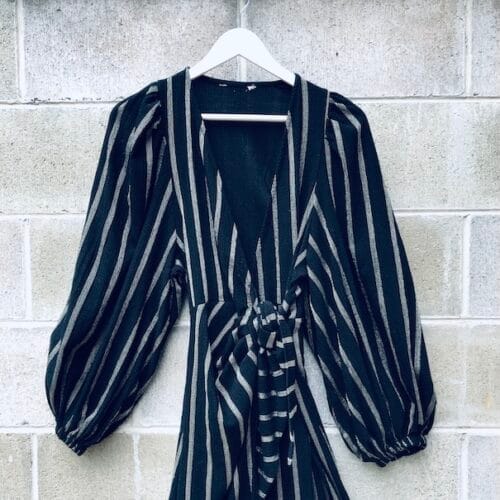 H&M striped wrap midi dress balloon sleeve black vertical stripe dress
