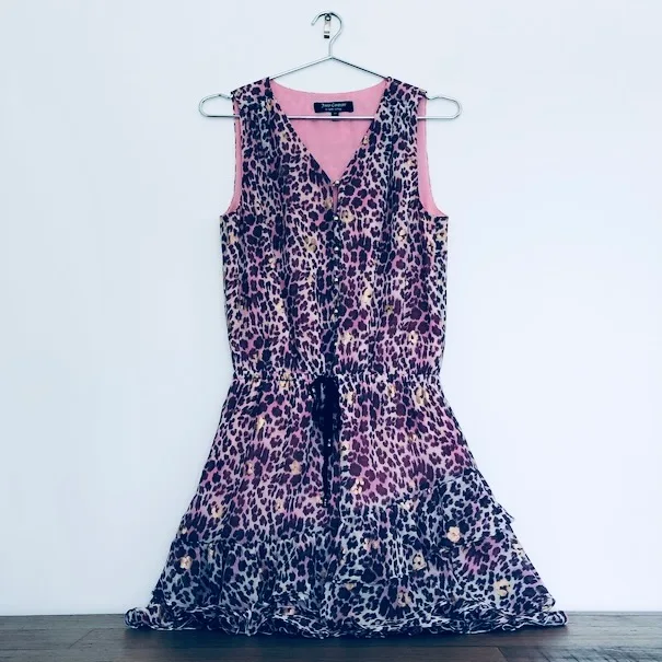 Juicy Couture dress, pink leopard print dress, metallic gold detail dress, designer ruffle hem dress, XS party dress