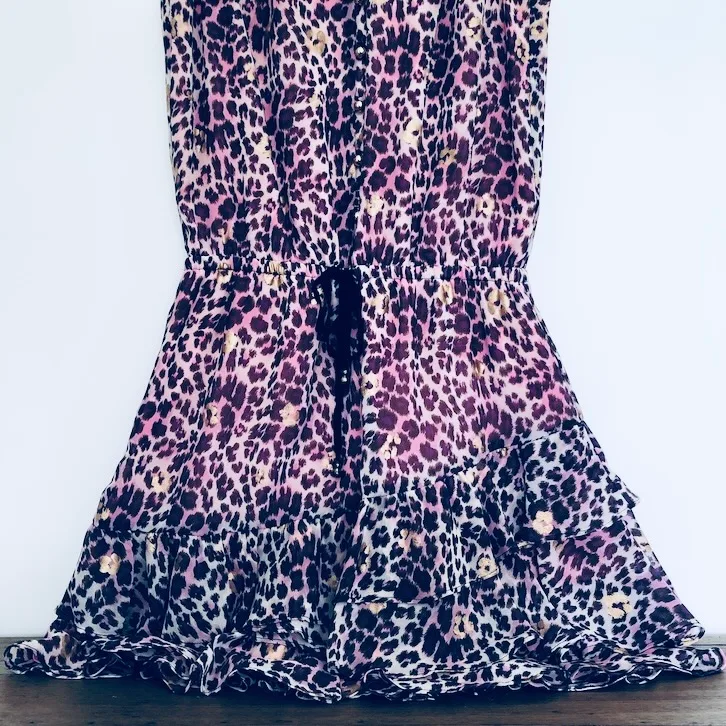 Juicy Couture dress, pink leopard print dress, metallic gold detail dress, designer ruffle hem dress, XS party dress