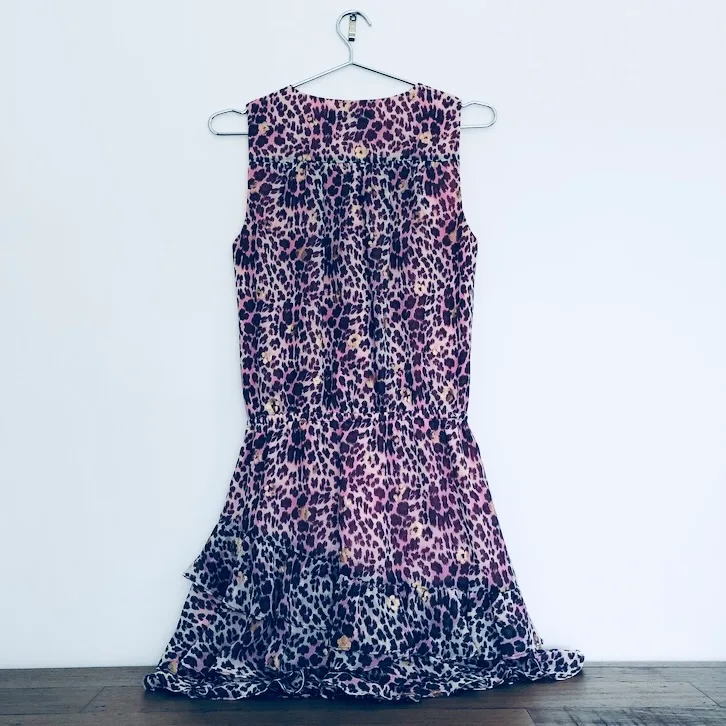 Juicy Couture dress, pink leopard print dress, metallic gold detail dress, designer ruffle hem dress, XS party dress