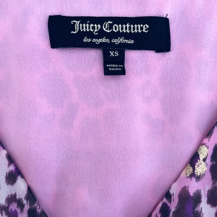 Juicy Couture dress, pink leopard print dress, metallic gold detail dress, designer ruffle hem dress, XS party dress