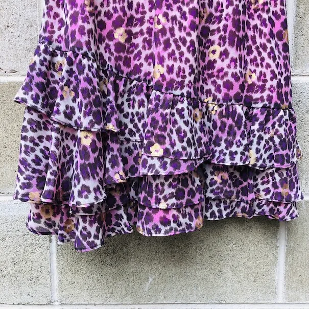 Juicy Couture dress, pink leopard print dress, metallic gold detail dress, designer ruffle hem dress, XS party dress