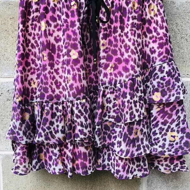 Juicy Couture dress, pink leopard print dress, metallic gold detail dress, designer ruffle hem dress, XS party dress