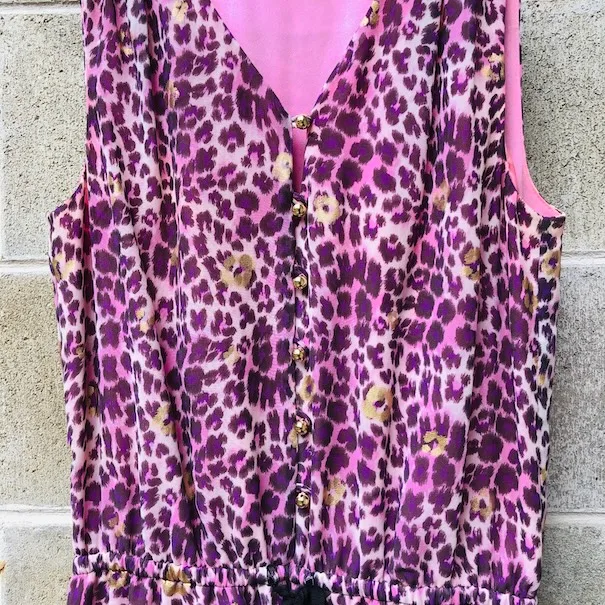 Juicy Couture dress, pink leopard print dress, metallic gold detail dress, designer ruffle hem dress, XS party dress