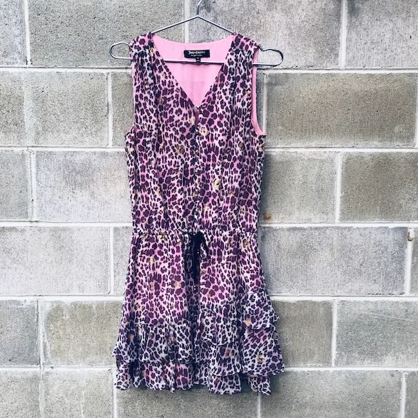 Juicy Couture dress, pink leopard print dress, metallic gold detail dress, designer ruffle hem dress, XS party dress