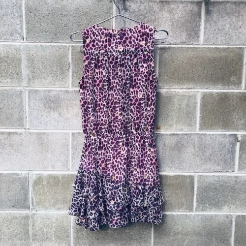 Juicy Couture dress, pink leopard print dress, metallic gold detail dress, designer ruffle hem dress, XS party dress