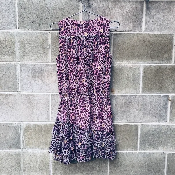 Juicy Couture dress, pink leopard print dress, metallic gold detail dress, designer ruffle hem dress, XS party dress