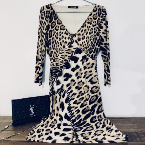Roberto Cavalli leopard midi dress, Vintage Cavalli designer dress, Preloved Roberto Cavalli clothing, Cavalli snake brooch dress, Cavalli animal print midi, Collectible Cavalli archival piece