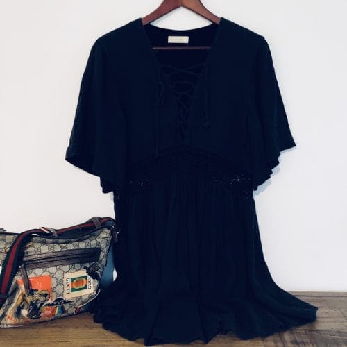 Stevie May lace-up boho dress, Preloved Stevie May black dress, Stevie May flutter sleeve style, Bohemian black lace dress, Stevie May festival outfit dress, Lace detail Stevie May fashion