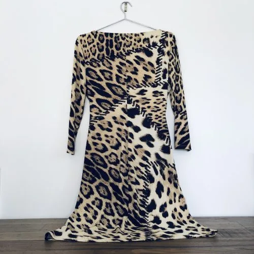 Roberto Cavalli leopard midi dress, Vintage Cavalli designer dress, Preloved Roberto Cavalli clothing, Cavalli snake brooch dress, Cavalli animal print midi, Collectible Cavalli archival piece
