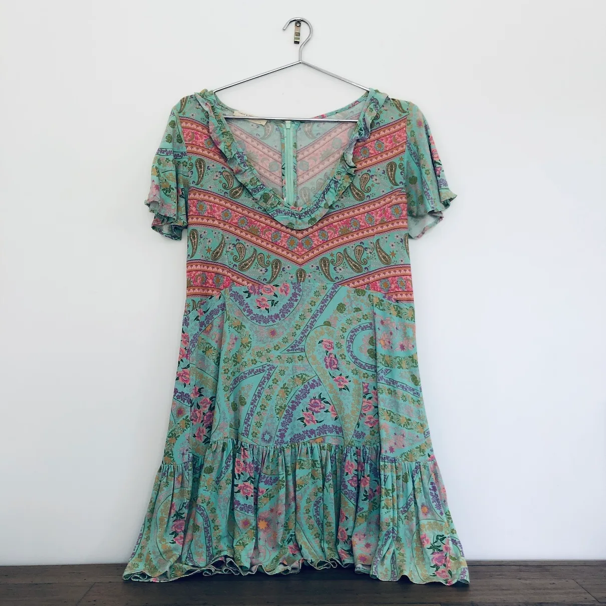 Spell bohemian festival dress, Spell & The Gypsy Collective ruffle dress, Preloved Spell Collective clothing, Bohemian paisley summer dress, Spell brand maxi-inspired midi dress, Australian boho designer fashion