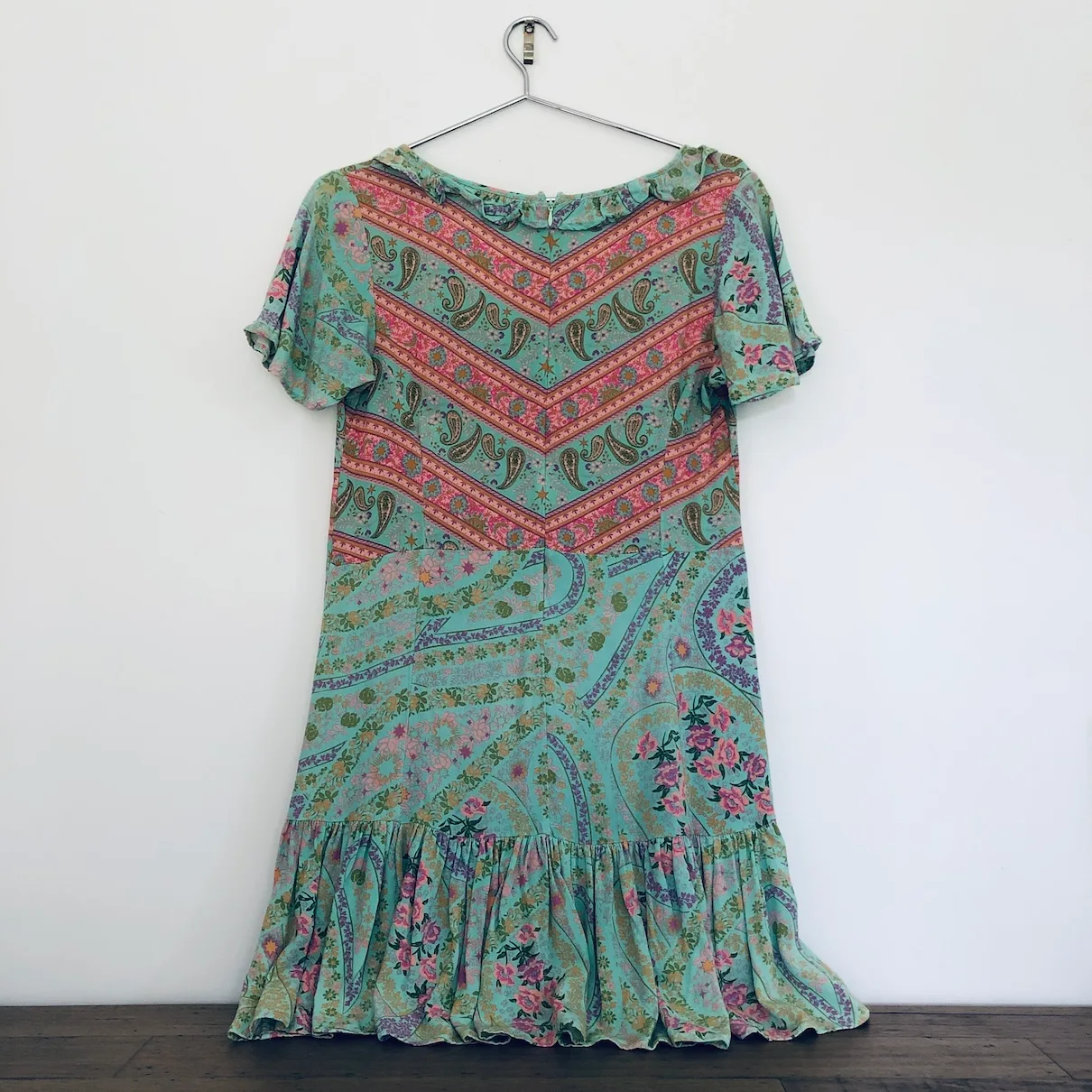 Spell bohemian festival dress, Spell & The Gypsy Collective ruffle dress, Preloved Spell Collective clothing, Bohemian paisley summer dress, Spell brand maxi-inspired midi dress, Australian boho designer fashion