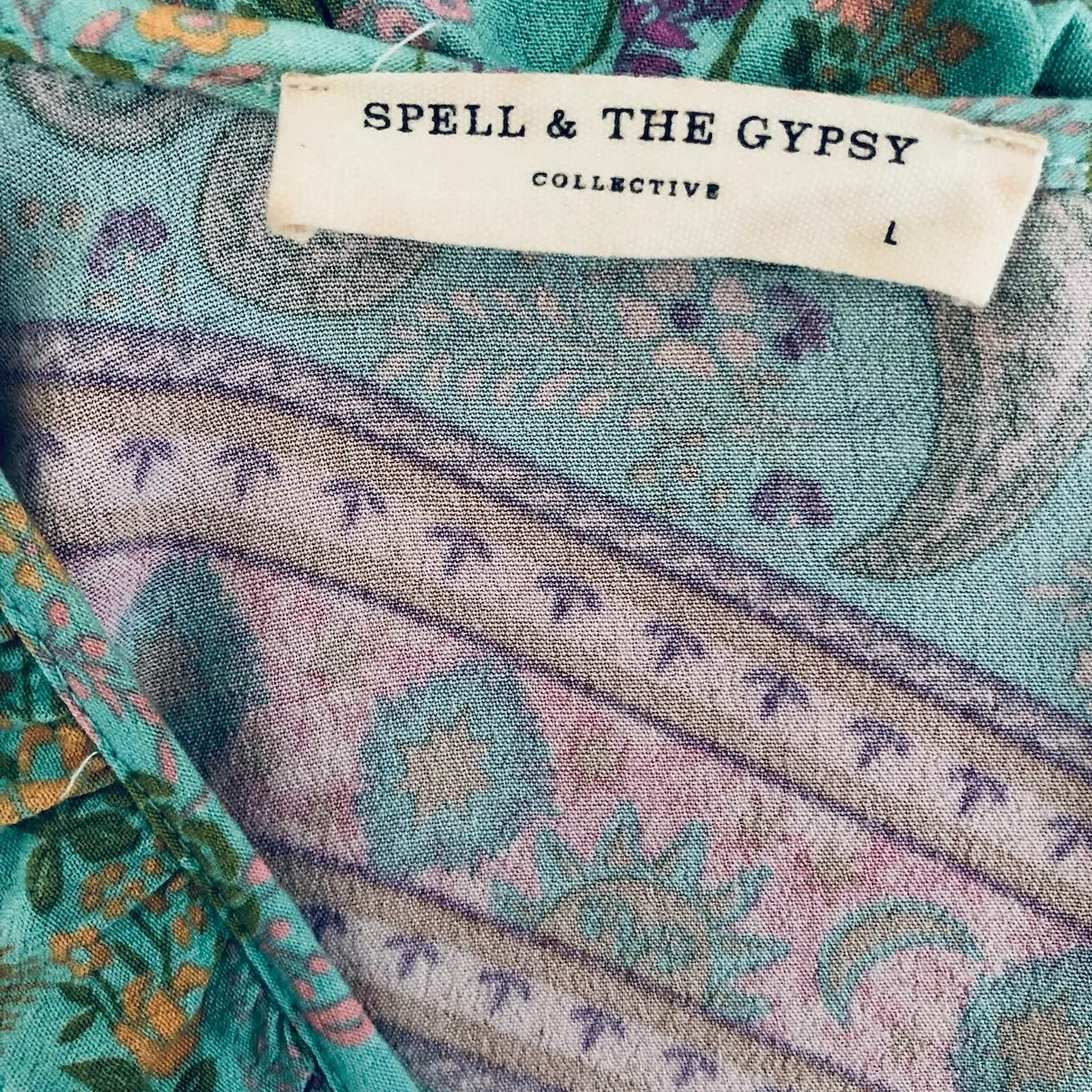 Spell bohemian festival dress, Spell & The Gypsy Collective ruffle dress, Preloved Spell Collective clothing, Bohemian paisley summer dress, Spell brand maxi-inspired midi dress, Australian boho designer fashion