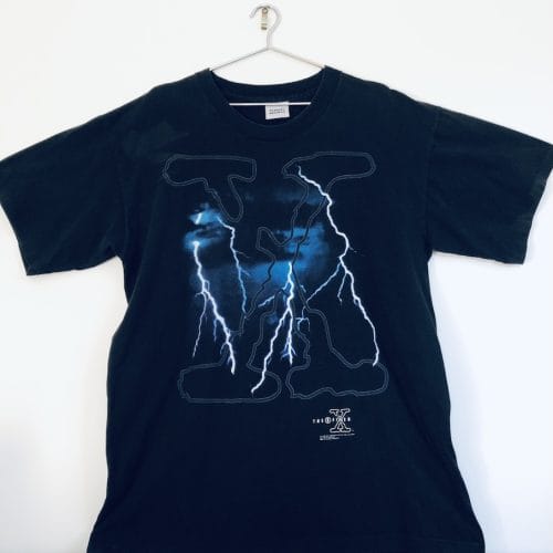 1996 X-Files lightning storm vintage T-shirt Stanley DeSantis front graphic