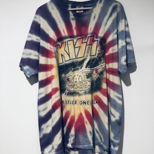 Front of vintage 2003 KISS x Aerosmith One Stage One Night tie-dye tour T-shirt size XL